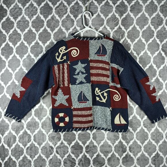PBJ Sport Sweater Womens Small Nautical Red Blue Anchor Sailboat Stars Patchwork - Picture 4 of 10